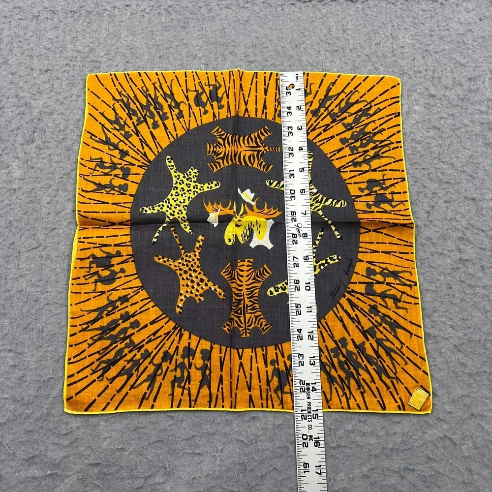 VTG Tammis Keefe Handkerchief Orange Tiger Pelt Moose Square Hankie +Sticker Tag